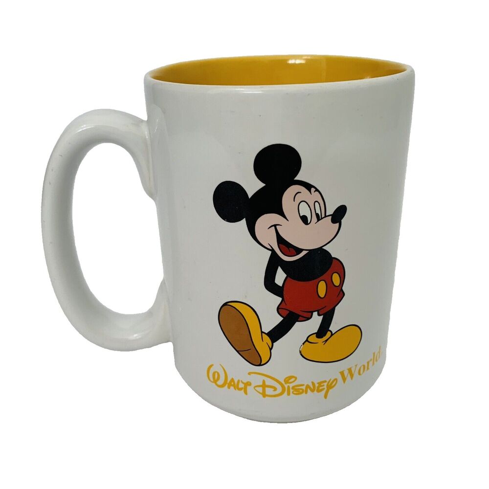 Walt Disney World Mickey Mouse Mug 4.5" tall White Yellow Vacation Souvenir Fan
